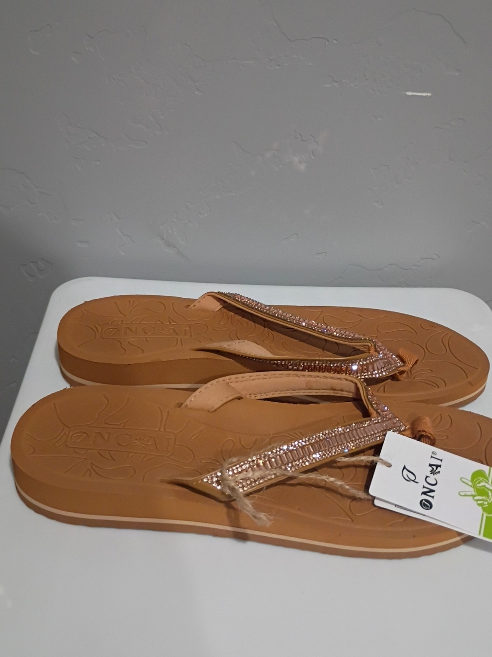 Oncai Women's Rhinestone Tan Flip Flop Sandals